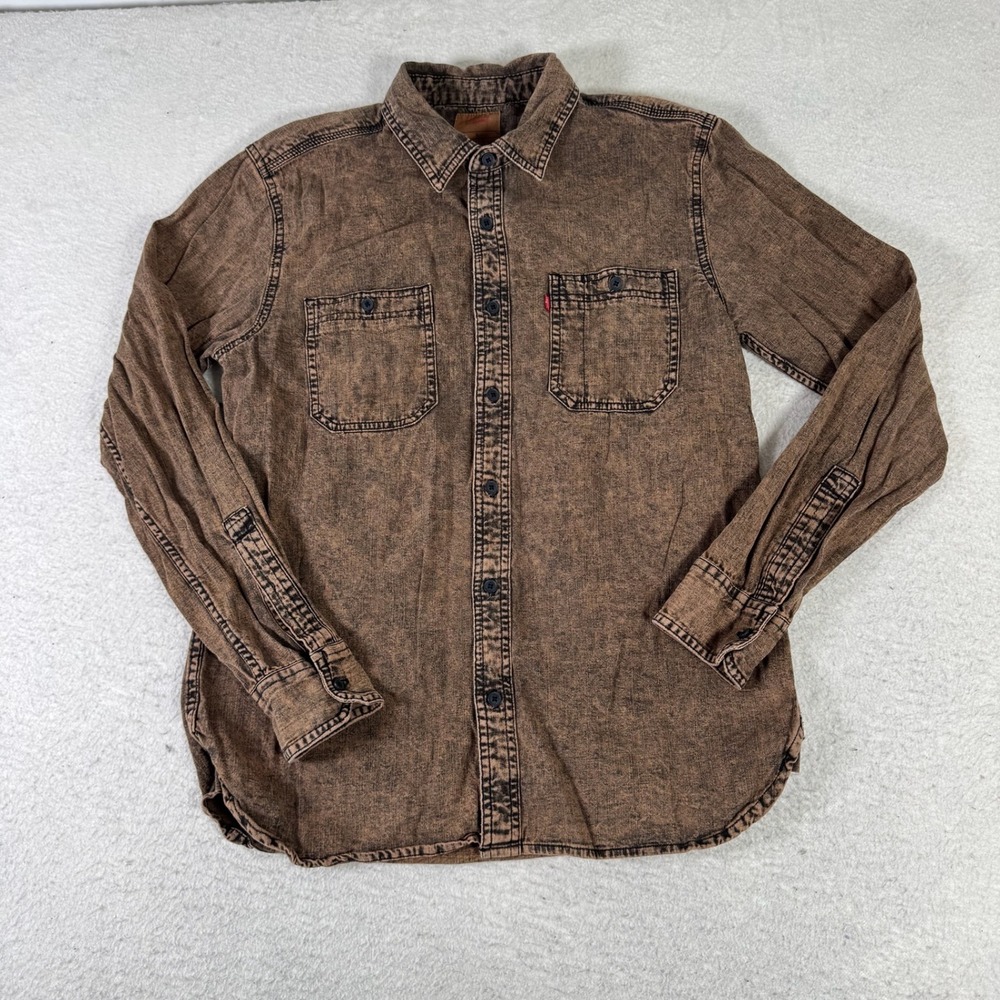 Levi's Button Down Shirt Mens Small Brown Acid Wash Cotton Long Sleeve Excellent